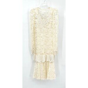 vintage 80s LACE DROP WAIST DRESS long sleeve party evening formal ivory S